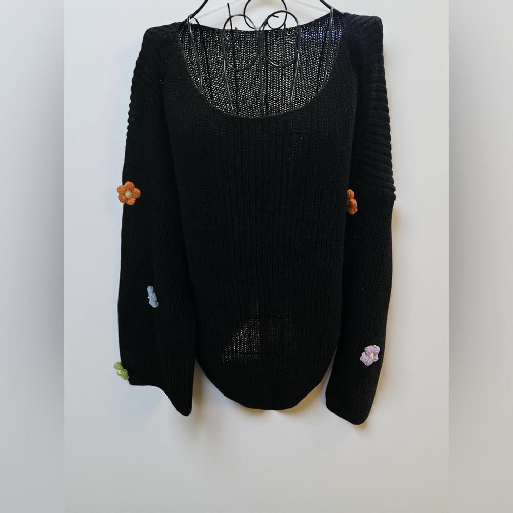 Black Sweater with Floral Accents XL NWOT
